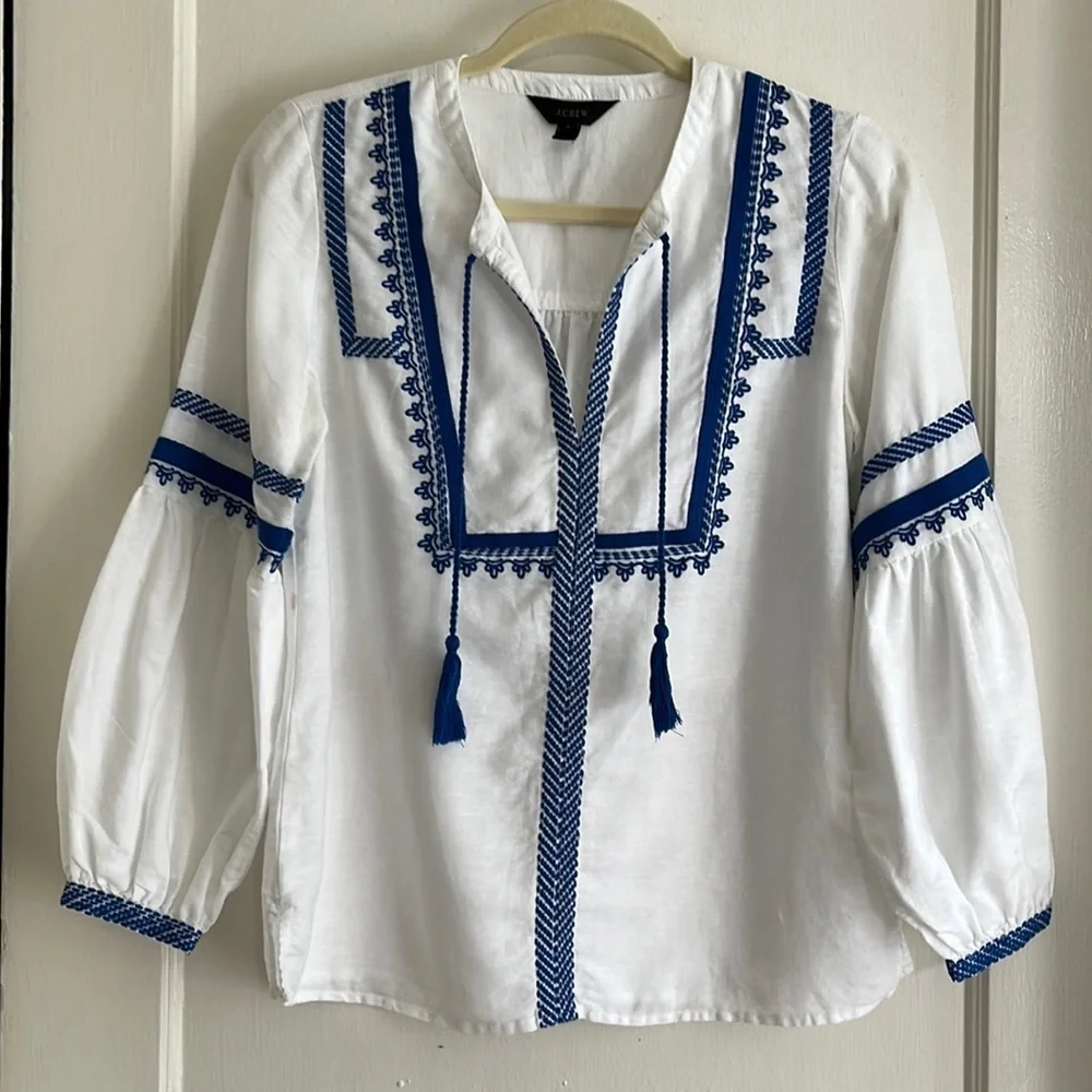 J. Crew Linen Cotton Folk Peasant Boho White & Blue Embroidered Blouse Top